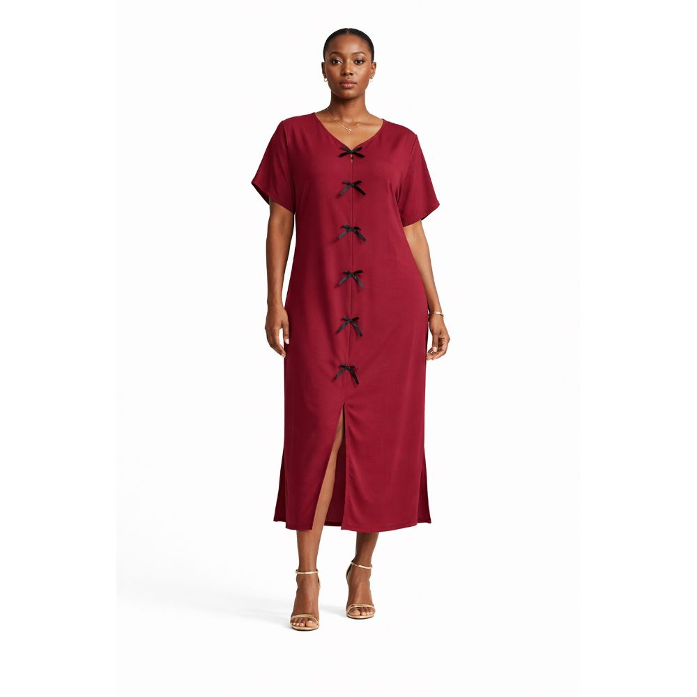 Wine Red Kaftan Dress with Front Bow Tie Detail